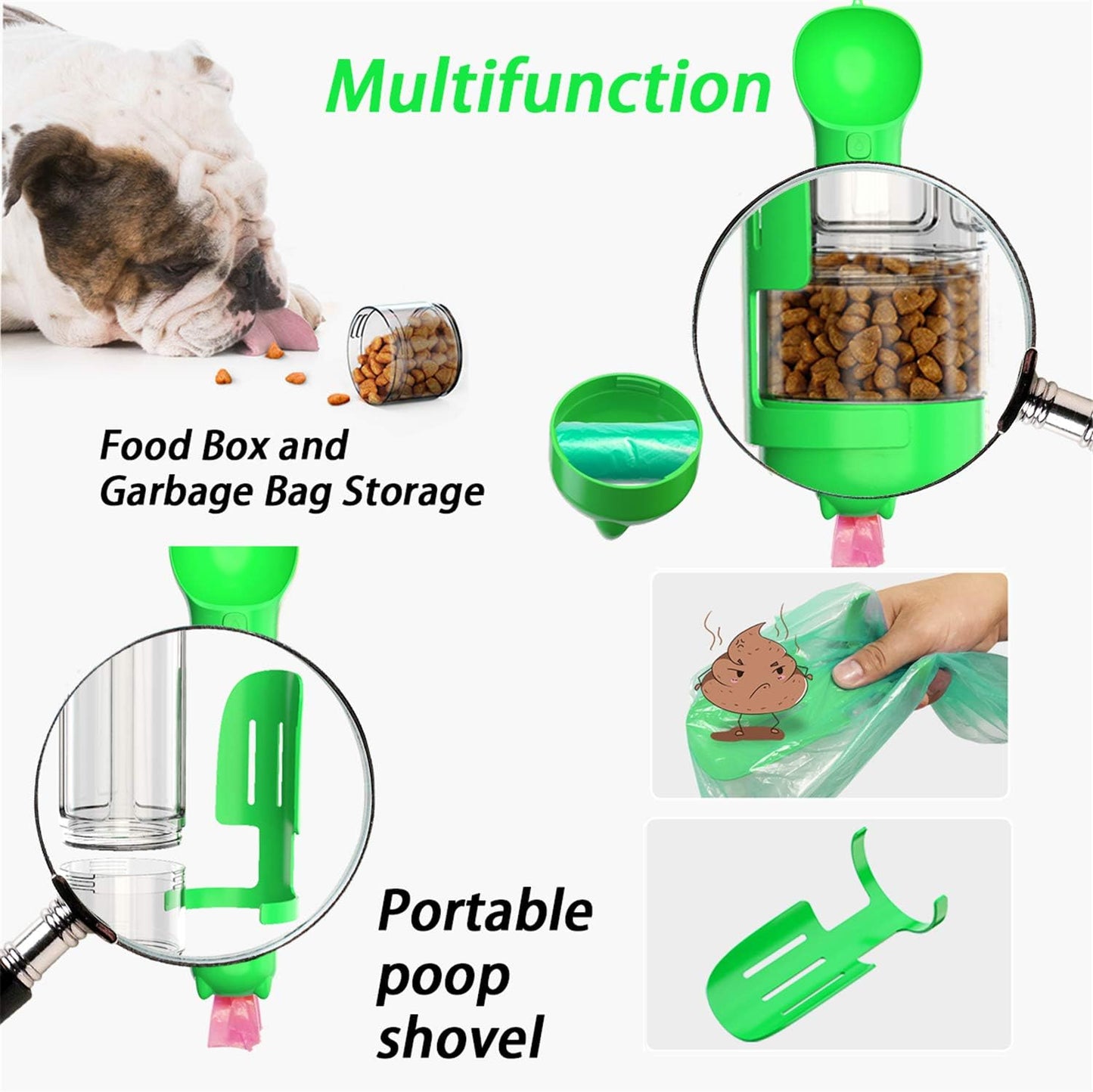 Dog Water Bottle, 4 in 1 Multifunctional Dog Travel Water Bottle with Food Box, Shovel, Garbage Bag, 500Ml (Green-Dog Water Bottle-500Ml)