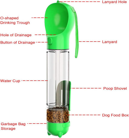 Dog Water Bottle, 4 in 1 Multifunctional Dog Travel Water Bottle with Food Box, Shovel, Garbage Bag, 500Ml (Green-Dog Water Bottle-500Ml)